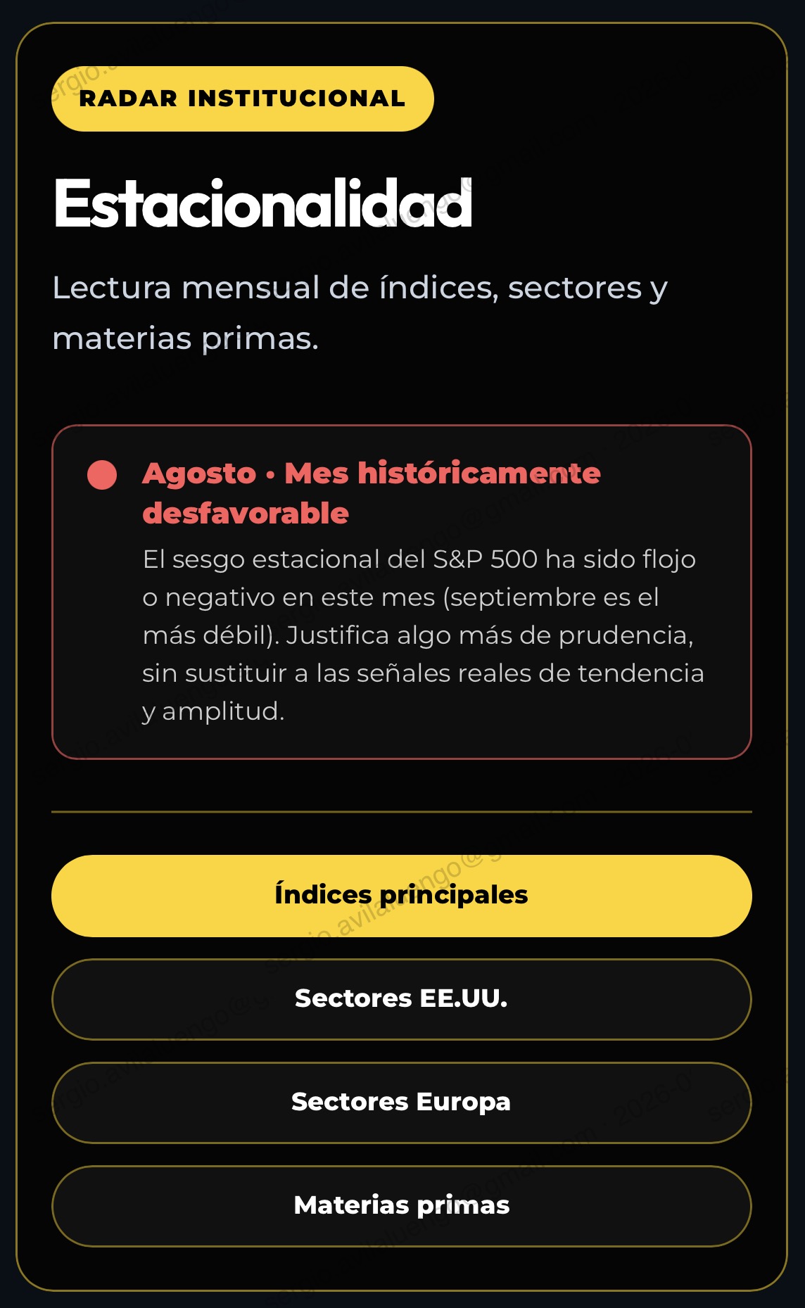 Módulo de Estacionalidad de Radar Institucional mostrando el sesgo estacional del S&P 500 para el mes en curso